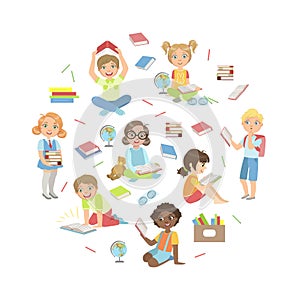 Kids Reading Books, Studying and Enjoying Literature in the Round Shape Vector Illustration