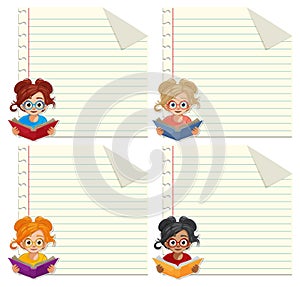 Kids reading on lined paper background