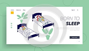 Kids Rest and Relaxing, Snooze in Bedchamber Website Landing Page. Afternoon Nap Time, Little Kids Sleeping