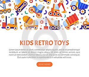 Kids retro toys landing page template. Cute construction machinery vehicles website flat vector