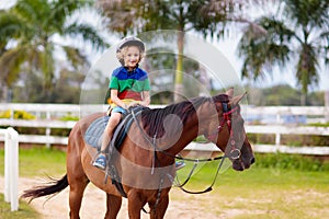 Kids ride horse. Child on pony. Horseback riding