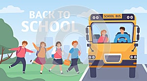 Kids ride to school. Group of elementary students board bus with driver. Cartoon preschool children road trip back to school