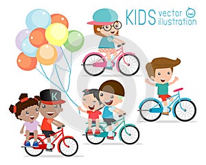 Kids riding bikes, Child riding bike, kids on bicycle vector on white background