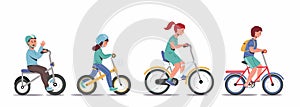Kids riding bikes. Illustration of a group of kids biking on bicycles..Vector boys and girls