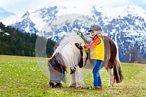 Kids riding pony. Child on horse in Alps mountains