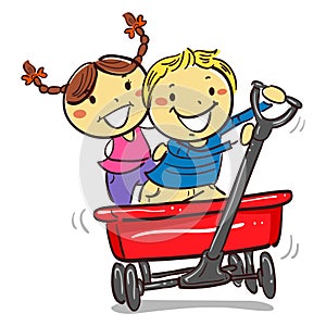 Kids Riding on a Red wagon