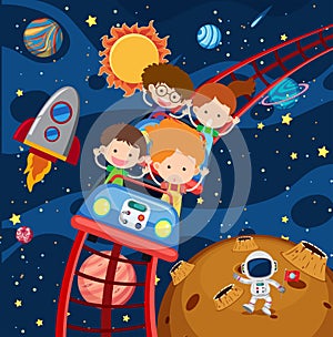 Kids riding roller coaster in space