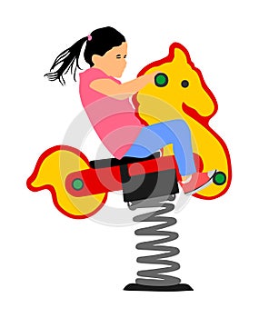 Kids riding toy horse rocking. Girl riding a spring horse ride in park playground vector.