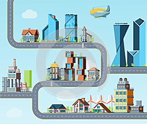 Kids road map. Top view highway with downtows, eco factory different flat buildings vector illustration