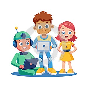 Kids and Robot Team Learning, Studying with Tablets, Coding and Programming photo