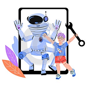 Kids robotic and engineering education, programming and coding lessons emblem.