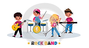 Kids rock band. Children music concert, young musicians quartet, playing instruments guitar and drums, vocals and