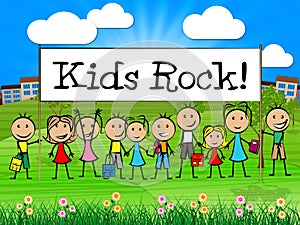 Kids Rock Banner Indicates Free Time And Child