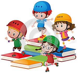 Kids rollerskate on big books