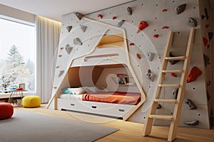 a kids room with a climbing wall integrated into a bunk bed structure