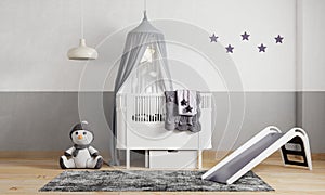 Kids room in dark purple and black grey tone color wall background. Interior and children`s room nursery concept. 3D illustration