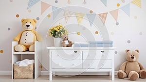 Kids Room featuring a Decorated Wall Background and a Stylish Sideboard Overflowing with Adorable Baby Goods. Generative AI