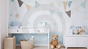 Kids Room featuring a Decorated Wall Background and a Stylish Sideboard Overflowing with Adorable Baby Goods. Generative AI