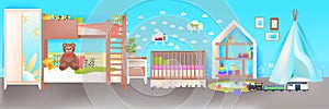 kids room interior empty no people baby's bedroom with wooden crib horizontal