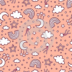 Kids room interior seamless pattern with hand drawn detail