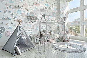 Kids room with light interior design in apartment