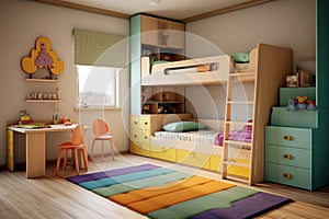 a kids room with a multi-functional bunk bed and colorful storage units