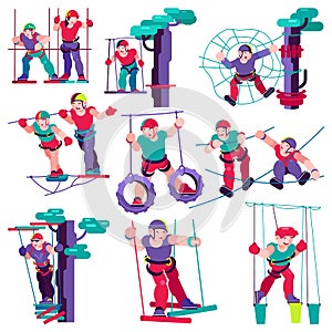 Kids rope vector child character climbing in adventure rope-park illustration children entertainment set of roped