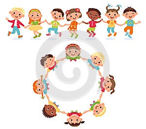 Kids roundelay top view. Boys and girls holding hands. Babies dancing in circle and chain. Children have fun. Active