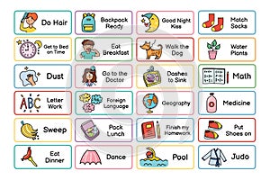 Kids daily routine chores collection. Responsibilities list for the chore chart photo