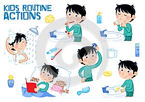 Kids and daily routine - little boy with dark hair - hygiene