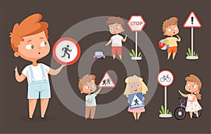 Kids rules road. School people with traffic signs safety education how crossing road traffic lights vector cartoon