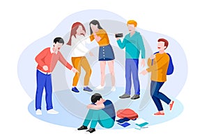 Kids school bullying and abuse concept. Vector illustration. Group of children bullies mocks sad boy