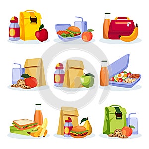 Kids school healthy lunch and snacks. Vector flat cartoon illustration. Lunchboxes with home made meal and drinks