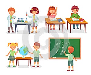 Kids on school lesson. Primary schools pupils on chemistry lessons, learn geography globe or sit at desk vector cartoon