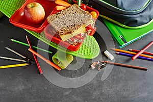 Kids school lunch box, skate and backpack