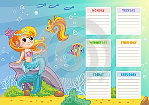 Kids school schedule weekly planner with mermaid vector