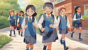 Kids in school uniform going to school