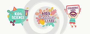 Kids Science, Creative Class Banners, Stickers or Badges Set Cute Primitive Style Characters and Elements for Logo