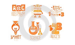 Kids Science Education Logo Templates Set, Physics, Math, English Labels Vector Illustration