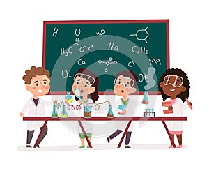 Kids science experiment in chemistry lab, children scientific research. Educational scientific activity for children