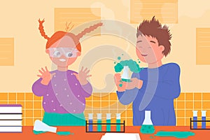 Kids scientists study chemistry, have fun, chemical experiment in science laboratory