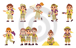Kids in scout camp. Cartoon boys and girl in scout clothes make a fire and build tent in summer camp. Vector isolated
