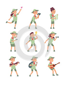 Kids in scout costumes. Young scouts boys and girls have adventure in summer camping. Cute children vector cartoon