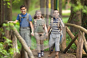 Kids scouts traveler with backpack hiking bridge in forest