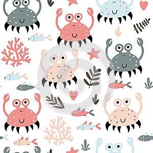 Kids seamless background with crabs