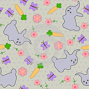 Kids seamless background with leverets, rabbits, butterflies and flowers