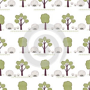 Kids seamless pattern, applique, hedgehogs, trees, grass