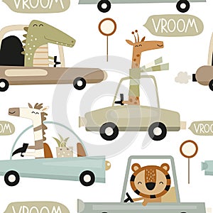 Kids Seamless Pattern with Cartoon Jungle Animals on Cars â€“ Giraffe, Crocodile, Zebra, Tiger