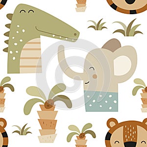 Kids Seamless Pattern with Cartoon Jungle Animals â€“ Elephant, Crocodile, Tiger
