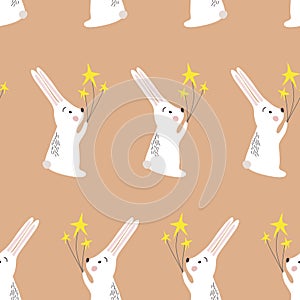 Kids seamless pattern with cute rabbit. Colorful hand drawing cartoon background with bunny and stars looking in space